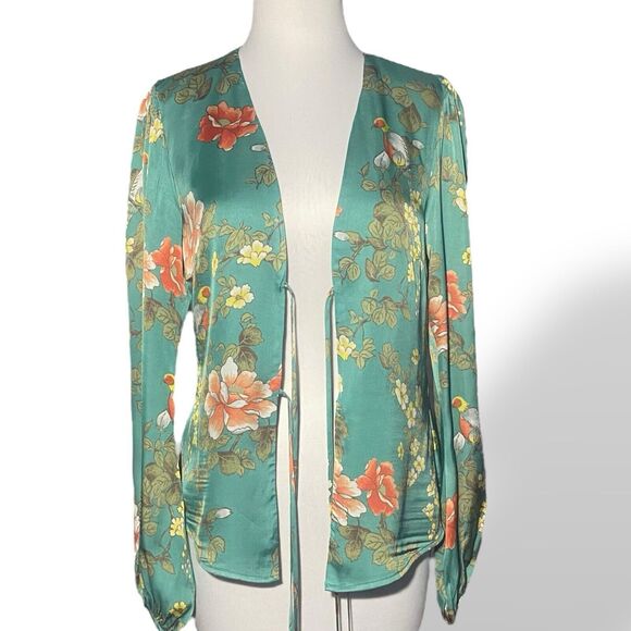 Majorelle Blouse Top Women Size S Green Floral Bird Print Long Sleeve Open Front - Picture 4 of 14